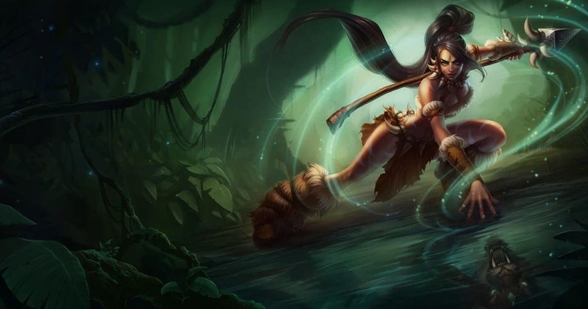 Official Teamfight Tactics patch 18.3 key art — a huntress champion crouched low at a jungle stream, spear in hand
