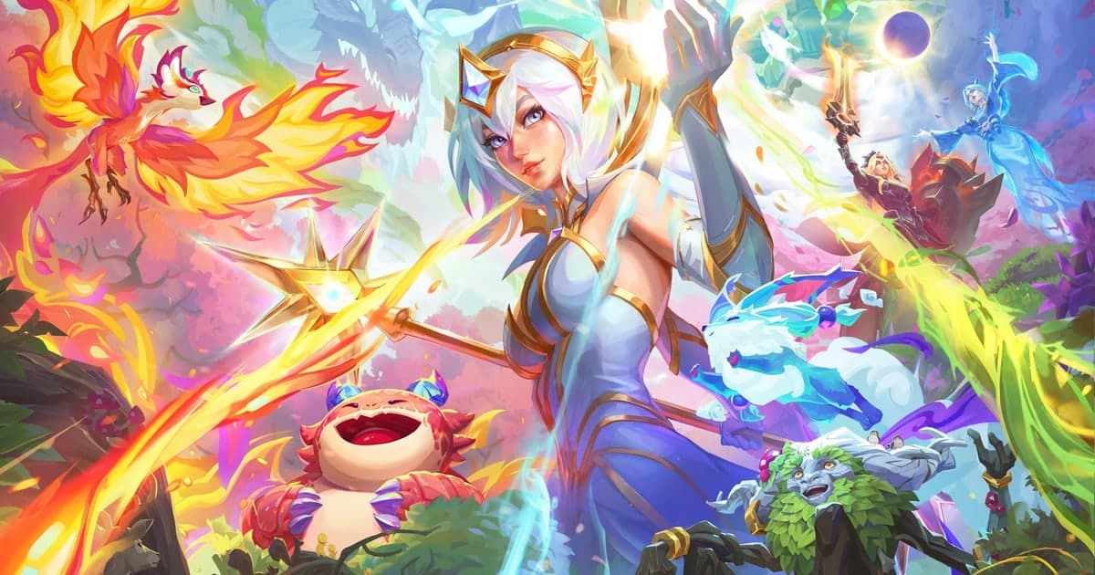 Official Teamfight Tactics Set 18 key art from Riot — Lux casting light magic at the center, surrounded by a phoenix, Teemo and others