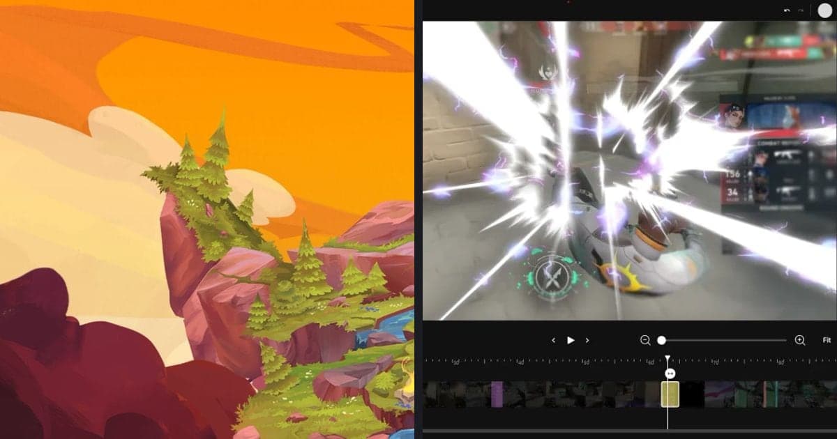 Gegenüberstellung eines offiziellen Teamfight-Tactics-Bilds (Spielbrett-Landschaft) und des DOR-Bearbeitungsbildschirms (Timeline und Effektliste)