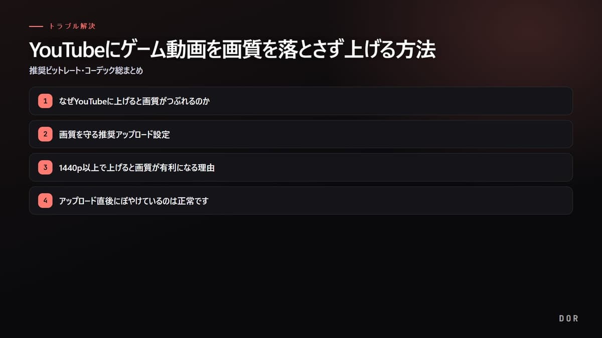 YouTubeにゲーム動画を画質を落とさず上げる方法 の手順まとめ図