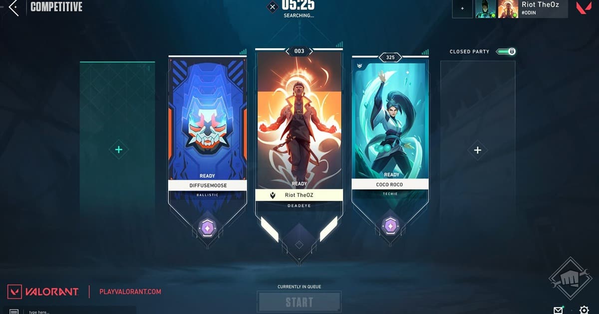 VALORANT Competitive party lobby with three player cards ready to queue