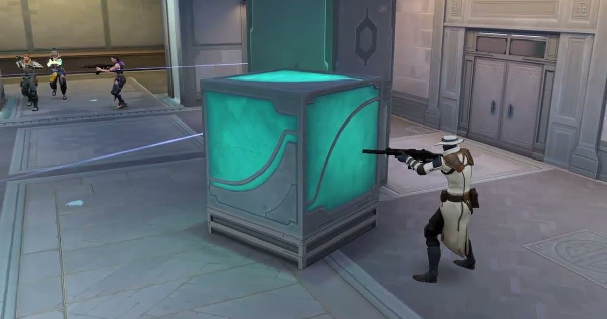 Firefight from VALORANT's official Summit gameplay reveal trailer: an agent in a white coat and hat aims a gun beside a glowing teal crate as three armed agents push in from across the hall