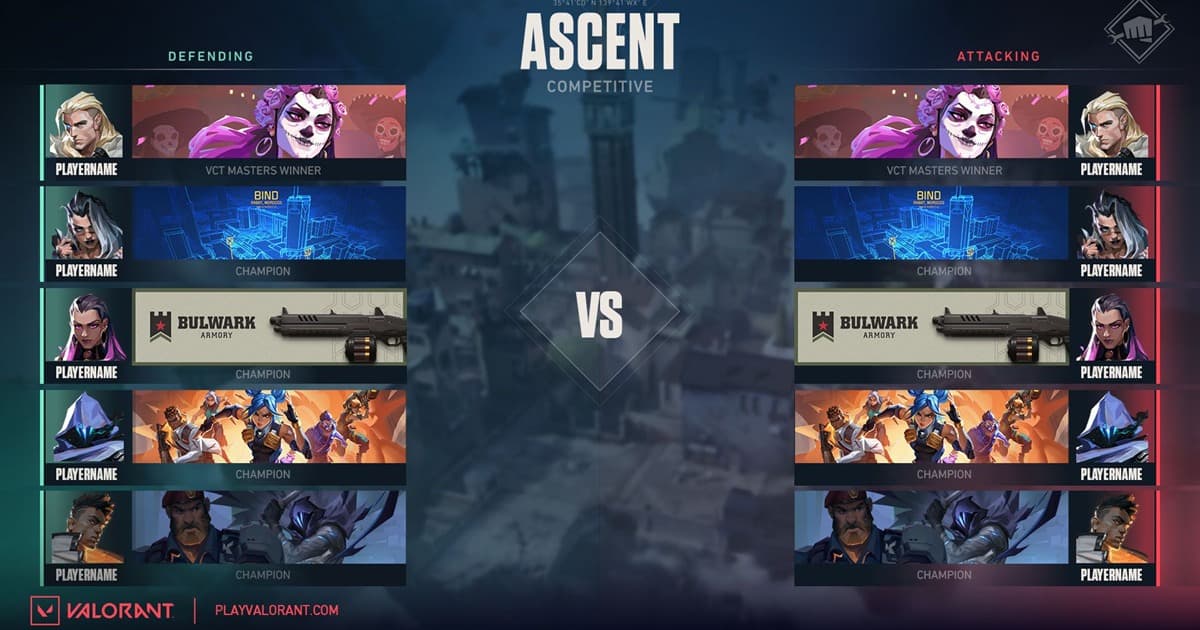 VALORANT Ascent pre-match screen comparing the attacking and defending team compositions
