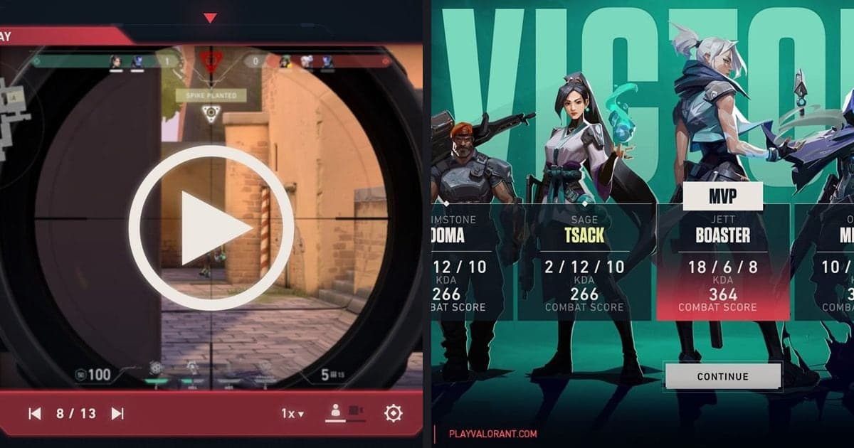 Gegenüberstellung des VALORANT-Replay-Bildschirms (offizielle Client-UI) und der VALORANT-Anzeigetafel nach dem Match (offizielle Client-UI)