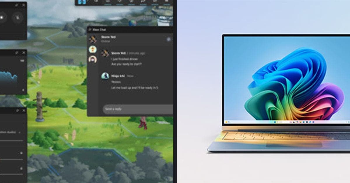 Gegenüberstellung eines echten Xbox Game Bar-Bildschirms (Leistungs- und Audio-Widgets) und des offiziellen Windows 11-Werbebilds (Laptop mit Windows 11-Hintergrund)