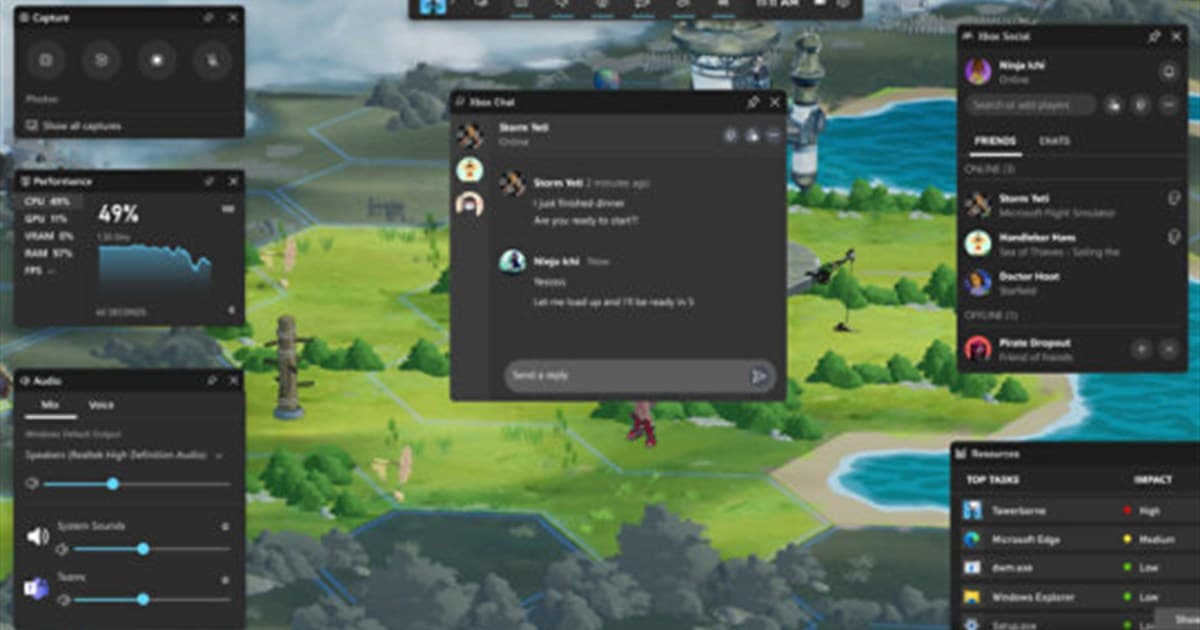 Xbox Game Bar open over a game with Capture, Audio, and Performance widgets