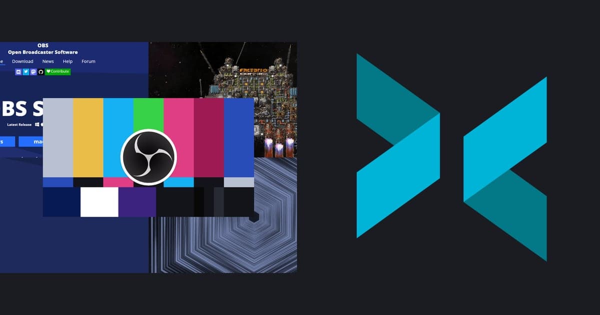 A side-by-side of the official OBS Studio image (a large color-bar preview layout) and the official XSplit logo