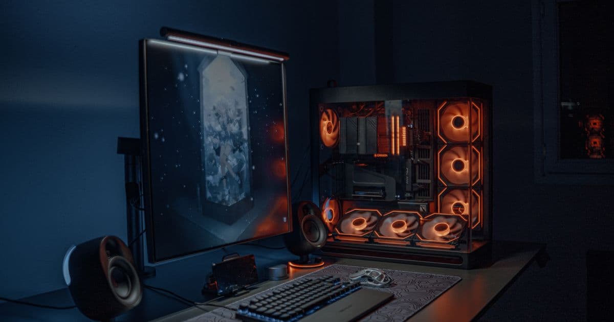 Gaming PC setup lit with blue lighting