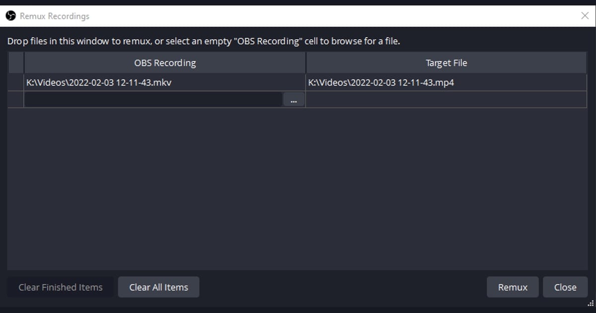 Actual OBS Remux Recordings window showing an MKV source and MP4 target