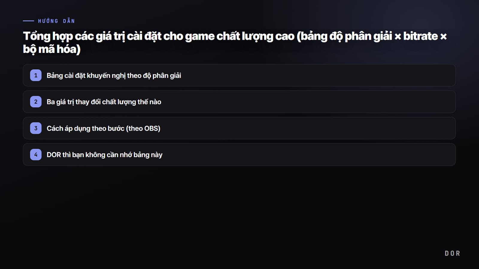Tổng hợp các giá trị cài đặt để ghi game chất lượng cao (bảng độ phân giải × bitrate × bộ mã hóa) — sơ đồ tóm tắt các bước