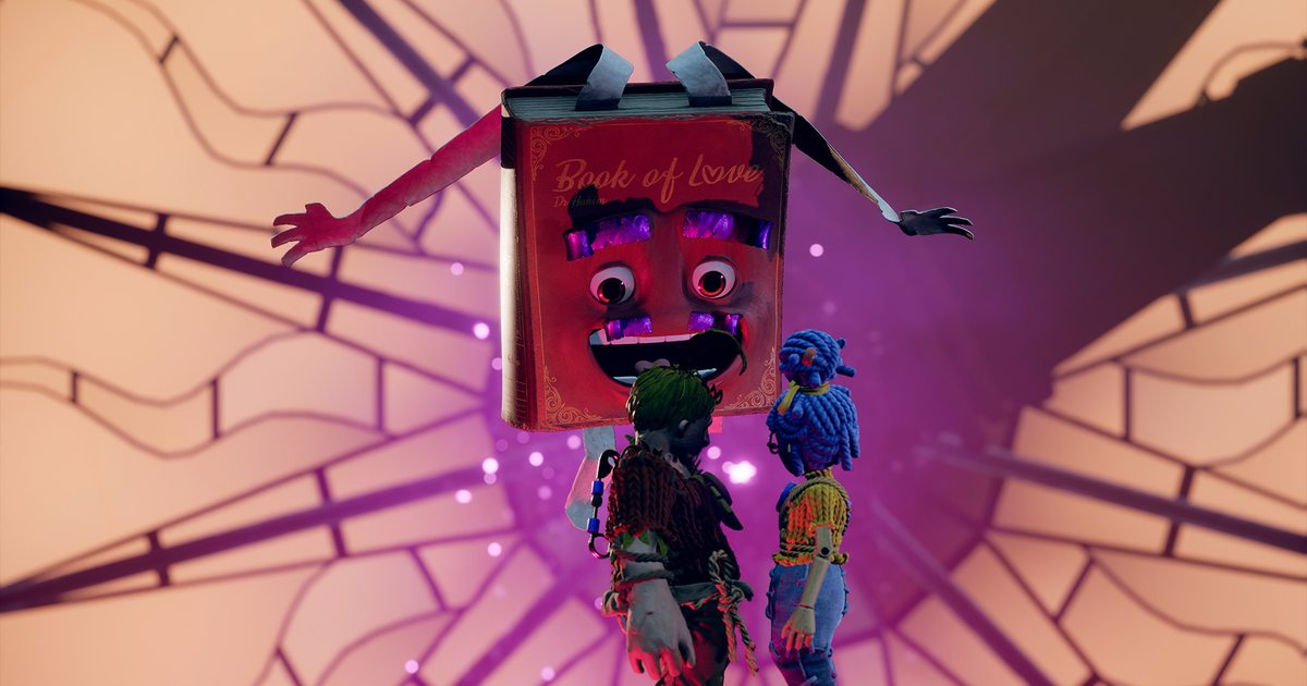 Official It Takes Two screenshot, Cody and May standing side by side in front of the giant Book of Love