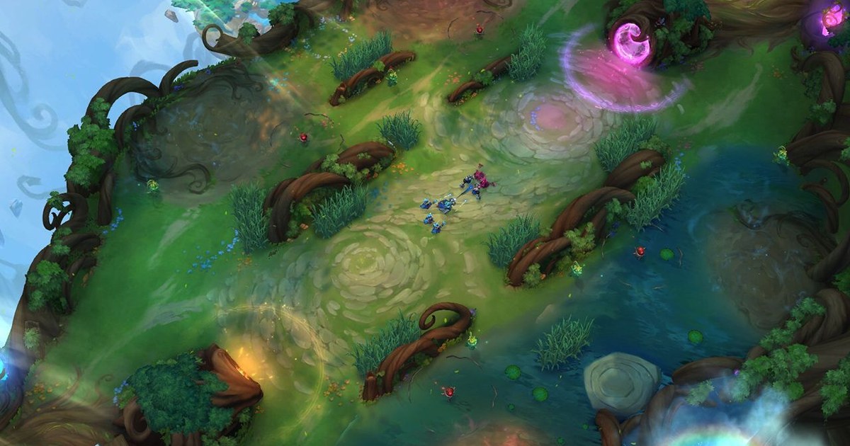 League of Legends official screenshot of the Brawl mode map in Bandle City seen from above, with a wave of blue minions fighting in the middle of a green lane lined with twisted tree roots and tall grass, glowing pink portals in the trees at the top right, and a river with lily pads on the right