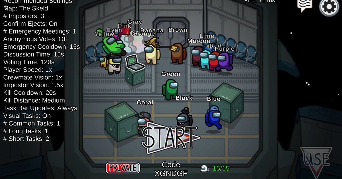 어몽어스 공식 스크린샷, 비공개 방 대기실에 여러 색의 크루원들이 모여 게임 시작을 기다리는 장면