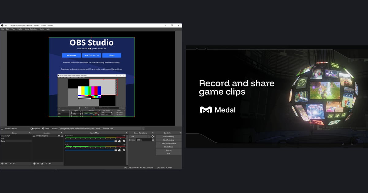 A side-by-side of two OBS Studio window screenshots (one with a crop box on a source) and the official Medal image reading "Record and share game clips"