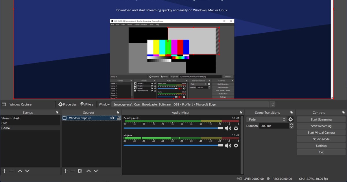 OBS Studio 窗口下方——场景、来源、音频混音器、控件面板以及显示 CPU 与 FPS 的状态栏