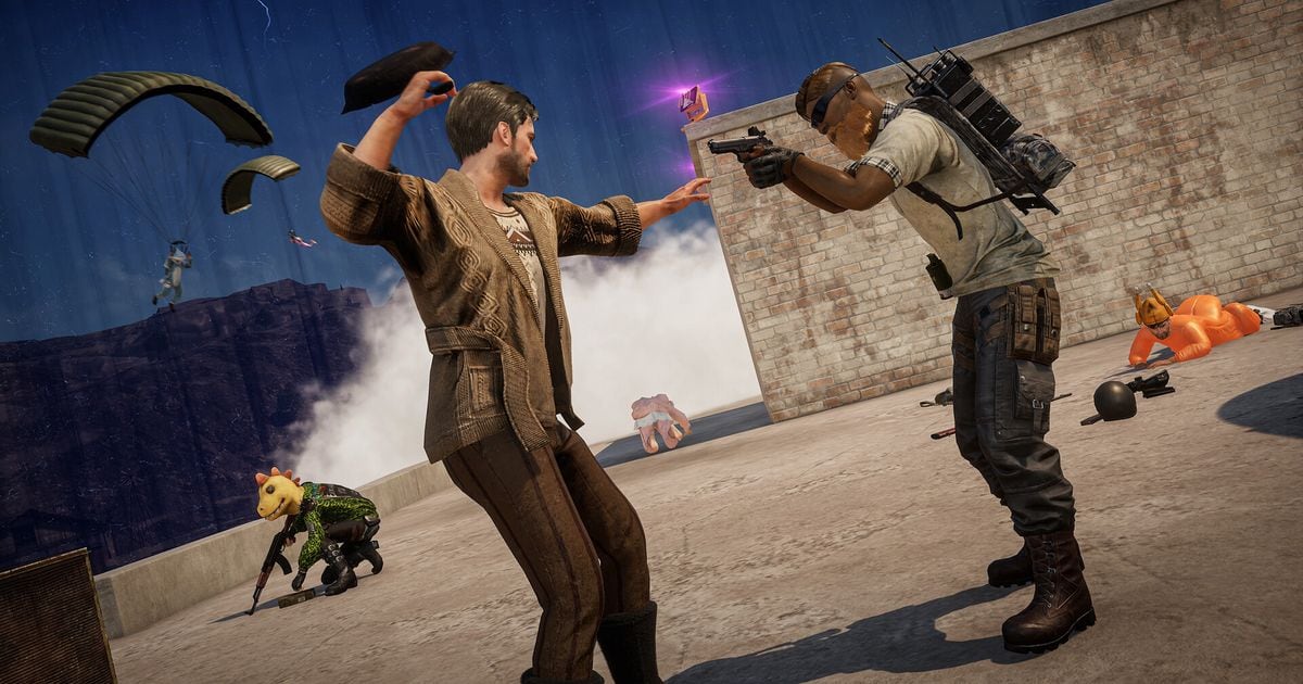 An official PUBG: Battlegrounds Steam screenshot (two characters facing off beside a wall)