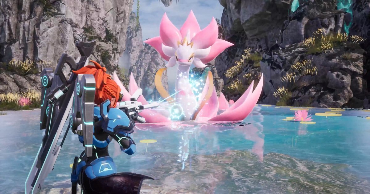 Official Palworld screenshot: a player in blue armor aims a rifle at a giant pink lotus-shaped Pal rising from a turquoise pond