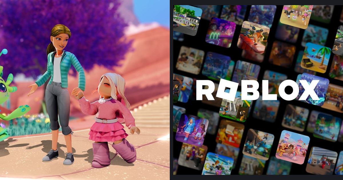A side-by-side of an official Roblox image (avatar characters) and the official Roblox logo with game thumbnails