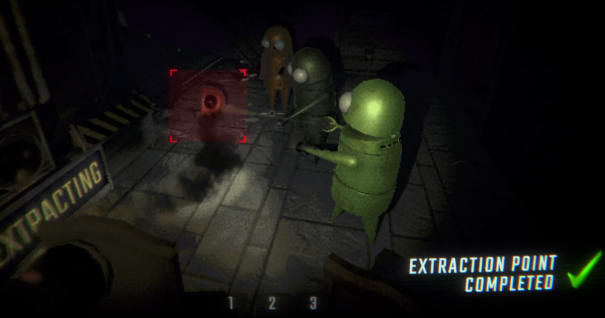 Official R.E.P.O. Steam screenshot: three crew robots gathered at the extraction spot in a dark tunnel, with the EXTRACTION POINT COMPLETED message and a green check in the lower right corner