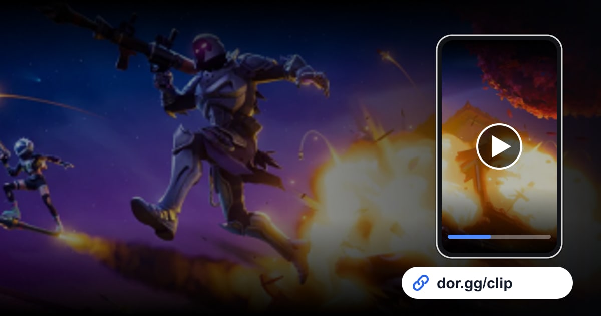 フォートナイトのゲーム画面に、動画を再生するスマートフォンとdor.ggリンクを重ねた画像
