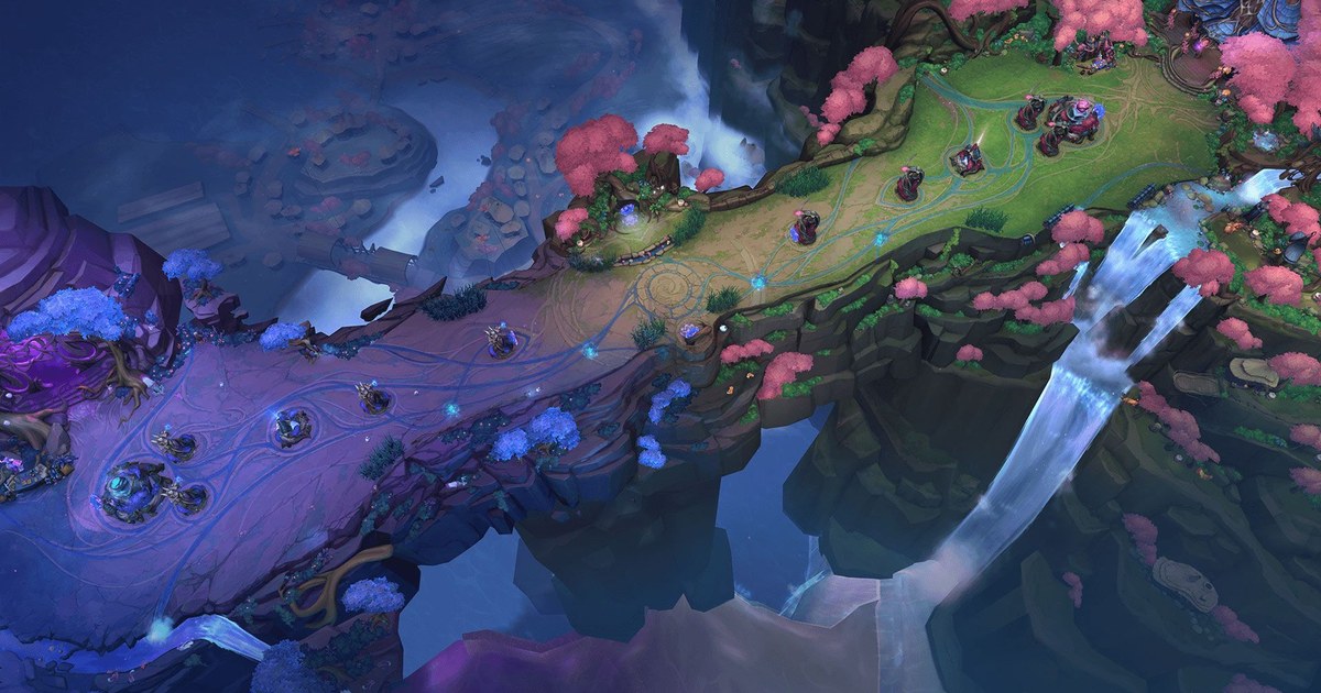 League of Legends official screenshot of a Spirit Blossom themed ARAM map seen from above, with a single lane crossing a cliffside bridge, turrets for both teams lined up along it, blue trees on the left and pink blossom trees beside a waterfall on the right.