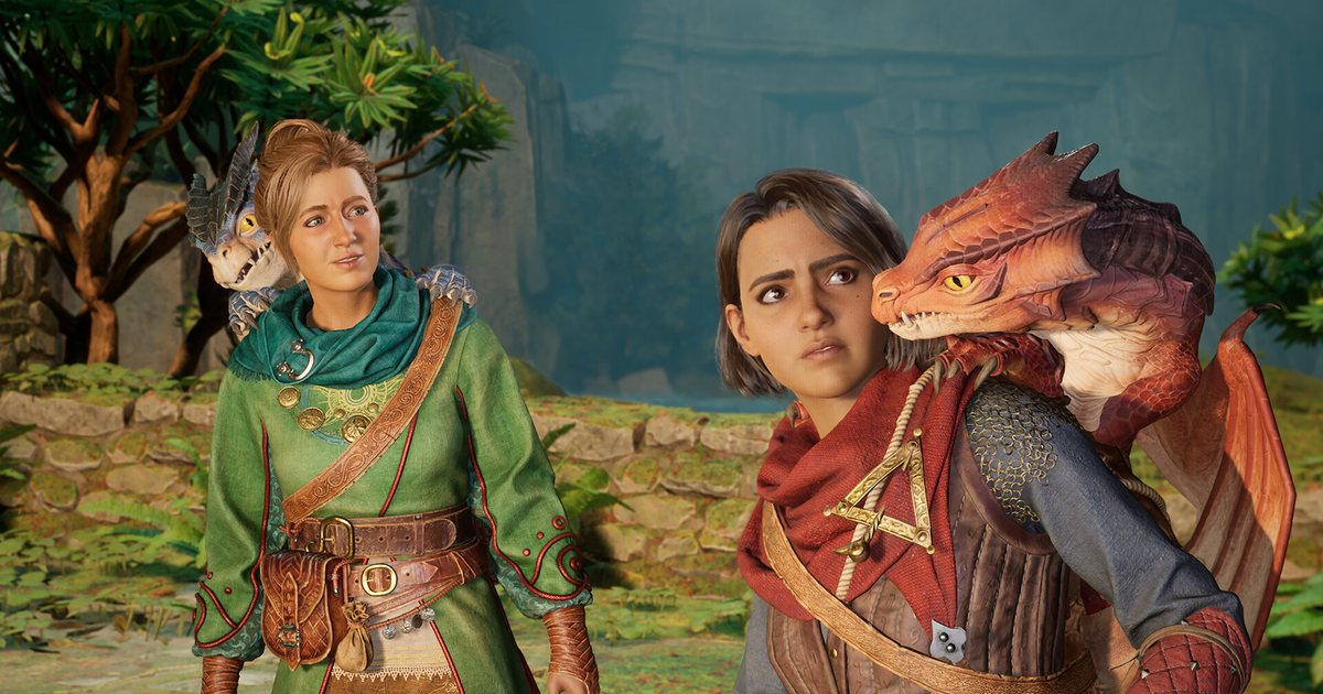 Official Split Fiction screenshot, the two heroes Mio and Zoe with small dragons on their shoulders