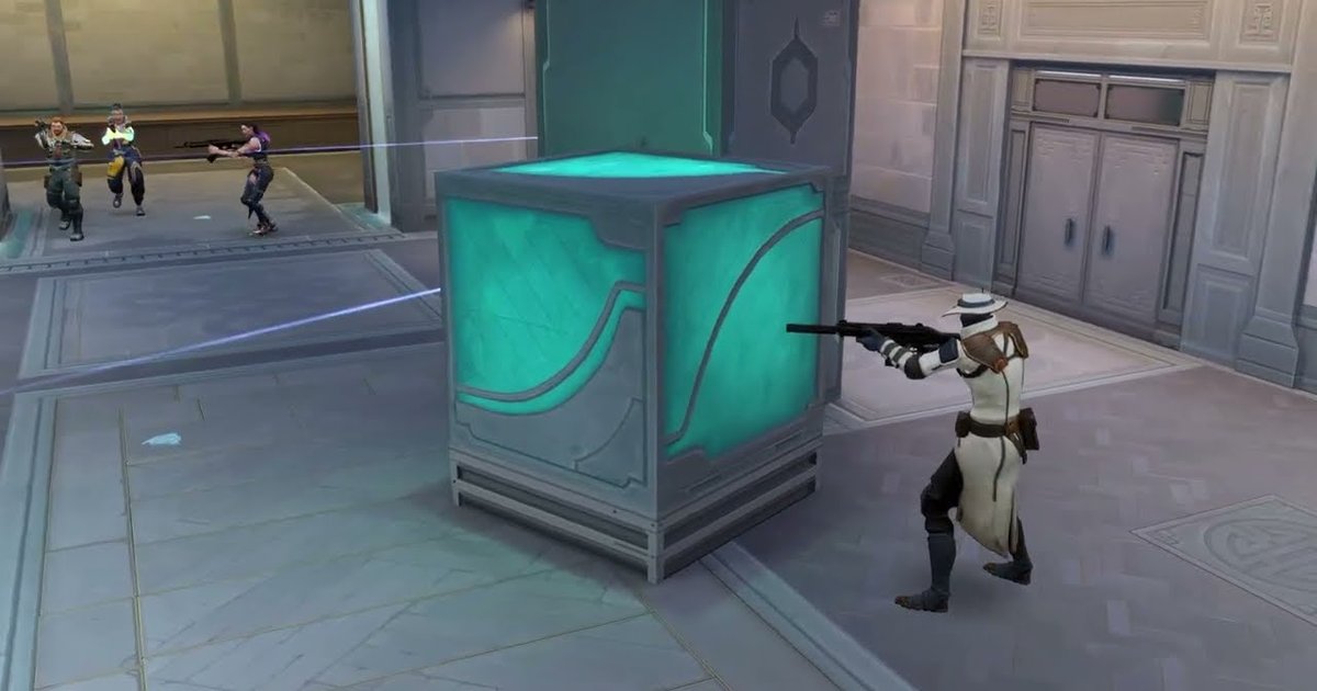 Firefight from VALORANT's official Summit gameplay reveal trailer: an agent in a white coat and hat aims a gun beside a glowing teal crate as three armed agents push in from across the hall