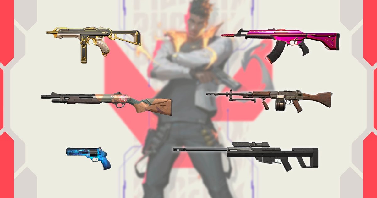 Official image for VALORANT's October 2026 PC bang benefits in Korea: that month's six free PC bang weapon skins for the Stinger, Vandal, Bucky, Ares, Sheriff and Operator, laid over a blurred agent